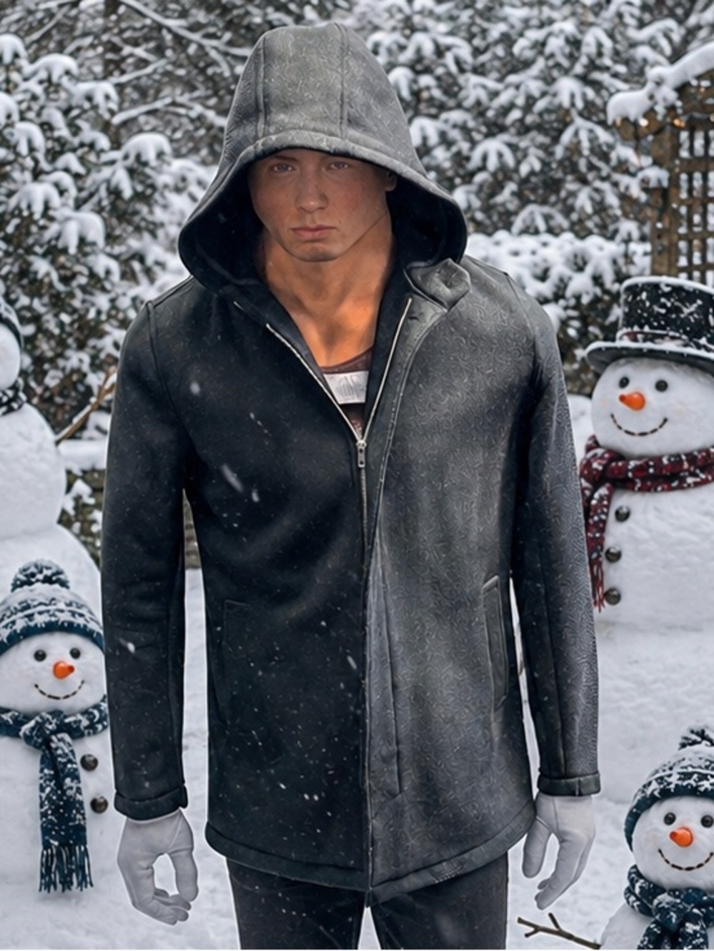 Top Man black hooded winter overcoat - unused film shoot spare as new condition